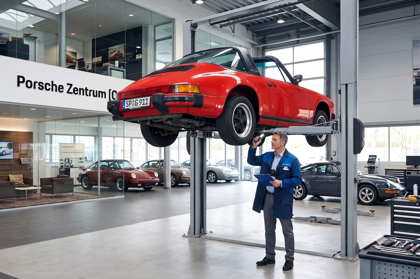 Klassischer Sportwagen auf der Hebebühne während der Begutachtung